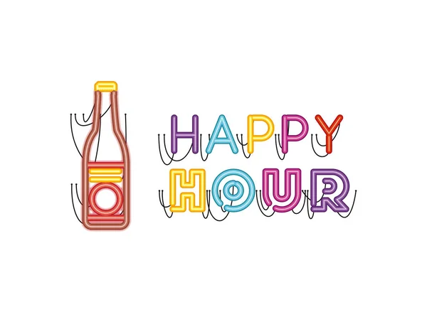 Happy hour etikett i neonljus ikon — Stock vektor