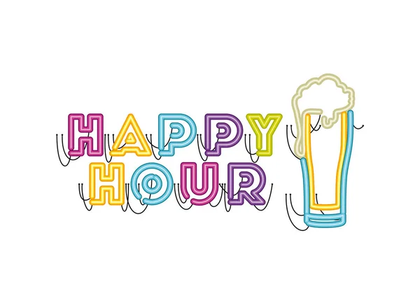 Happy hour etikett i neonljus ikon — Stock vektor