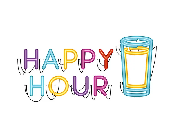 Happy Hour Etikett in Neonlicht-Ikone — Stockvektor