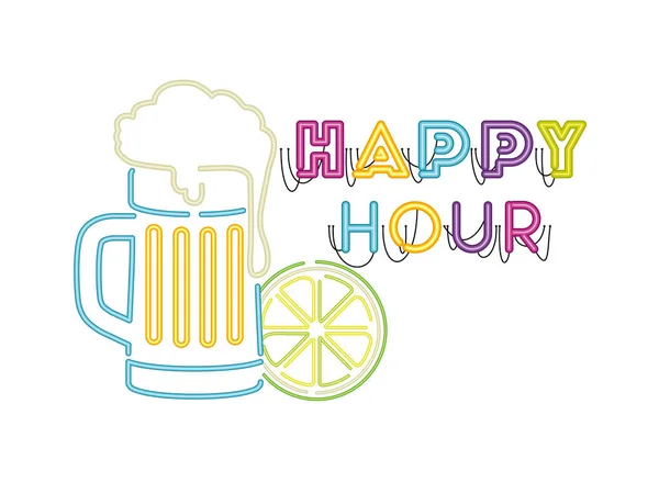 啤酒与泡沫和柠檬在霓虹灯 — 图库矢量图片