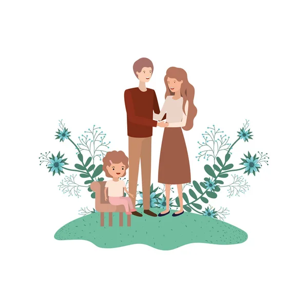 Pareja de padres con hija sentada en silla — Vector de stock