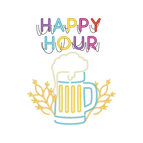 Beer with foam and wheat in neon light — Stock Vector