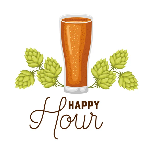 Happy hour label with glass and pinecone — Stock Vector