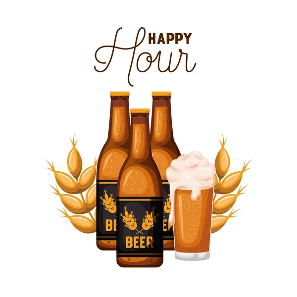 Happy hour label with bottle and glass — Stock Vector