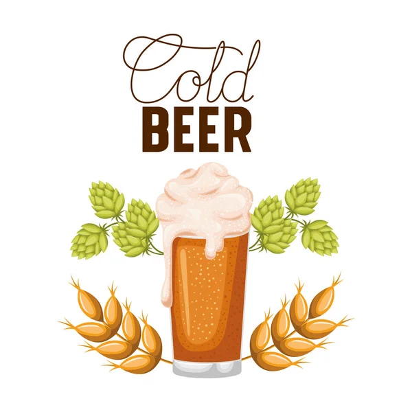Etiqueta de cerveja fria com vidro e trigo — Vetor de Stock