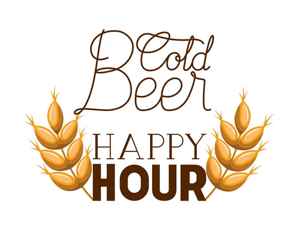 Bière froide étiquette happy hour avec du blé — Image vectorielle