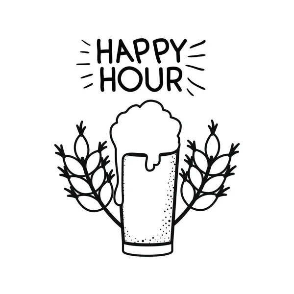 Happy hour label with beer isolated icon — Stock Vector