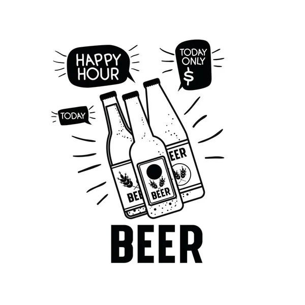 愉快的小时标签与啤酒隔离图标 — 图库矢量图片