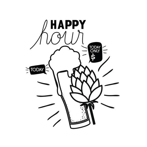 Étiquette happy hour avec icône de bière isolée — Image vectorielle
