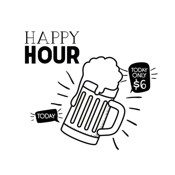 Happy Hour Etikett mit Bier-Ikone — Stockvektor