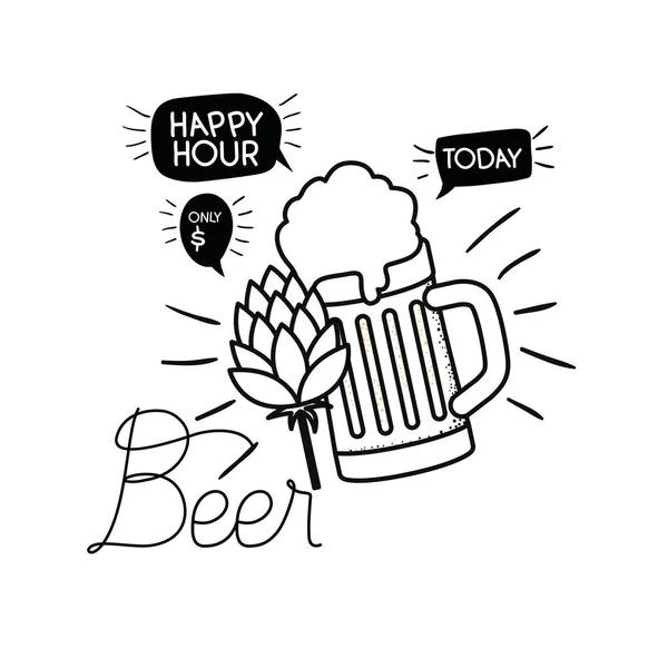 Étiquette happy hour avec icône de bière isolée — Image vectorielle