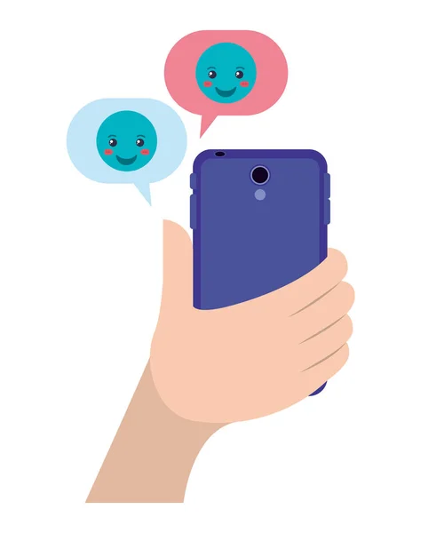 Hand chatting with smartphone sending emojis — Stock Vector