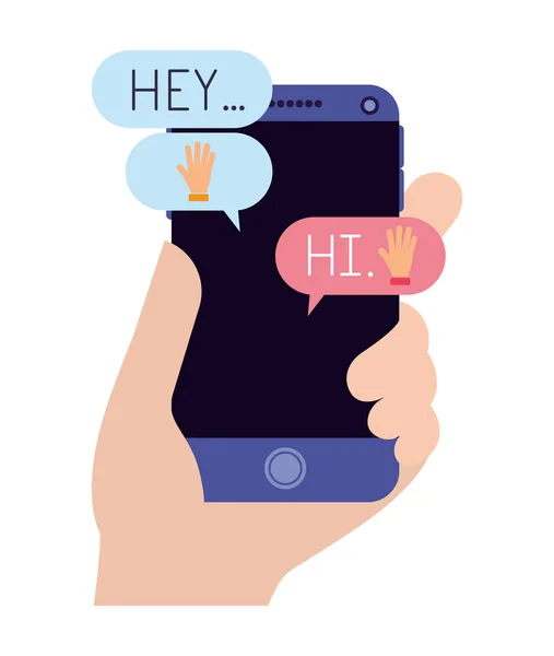 Hand chatten met smartphone verzenden emojis — Stockvector