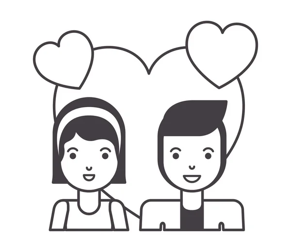 Jeune couple avec des coeurs personnages amour — Image vectorielle