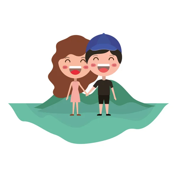 Dibujos animados feliz pareja en campo kawaii personajes — Vector de stock