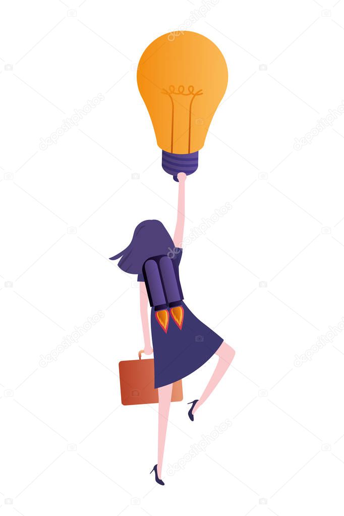 businesswoman on rocket and light bulb