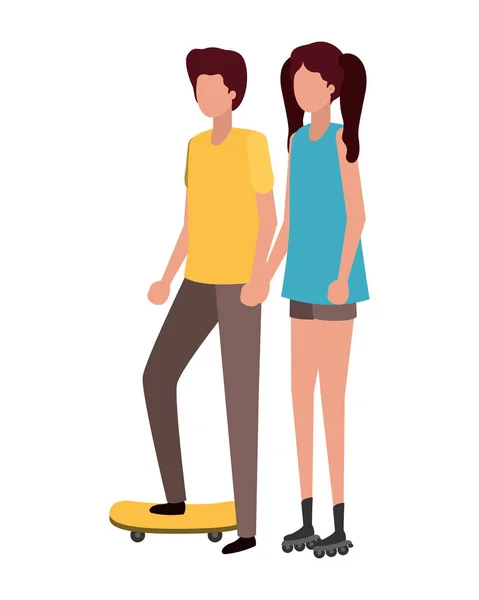 Jovem casal com skate avatar personagem — Vetor de Stock