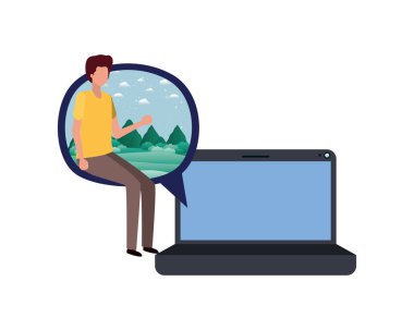 Genç adam oturma avatar karakter ile cihaz ekranı