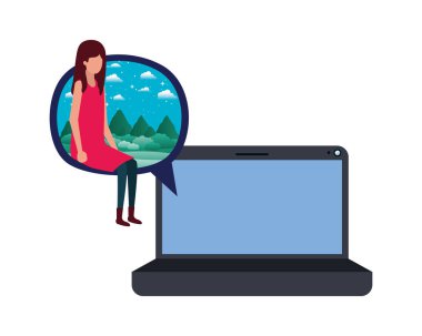 Genç kadın oturma avatar karakter ile cihaz ekranı