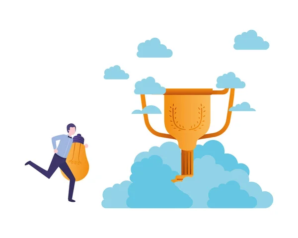 Businessman in the clouds with trophy avatar character — Stock Vector