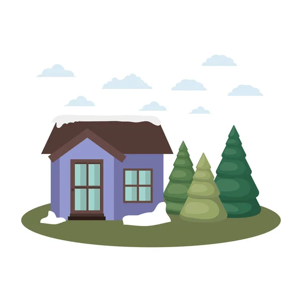 Casa con pinos y nieve icono aislado — Vector de stock