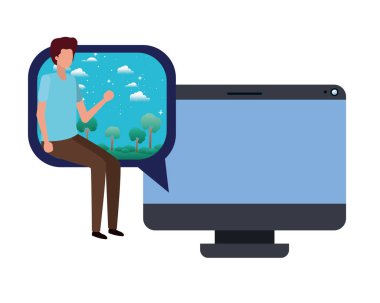 Genç adam oturma avatar karakter ile cihaz ekranı