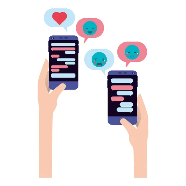 Ruce používající smartphone a společenské ikony médií — Stockový vektor