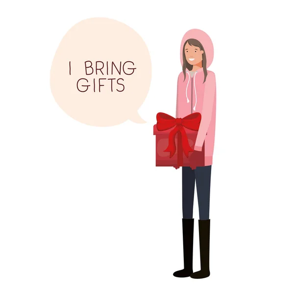 Femme avec des vêtements d'hiver et bulle de parole — Image vectorielle