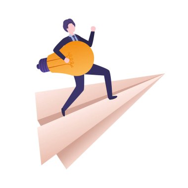 Kağıt düzlem ve ampul üzerinde işadamı