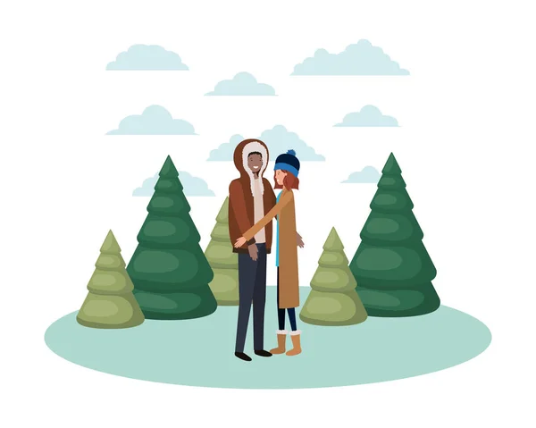 Casal com roupas de inverno e pinheiros de inverno caráter avatar — Vetor de Stock