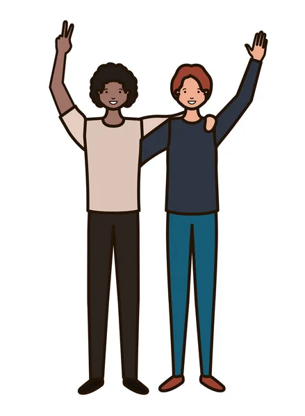 Young men with hands up avatar character — Stock Vector