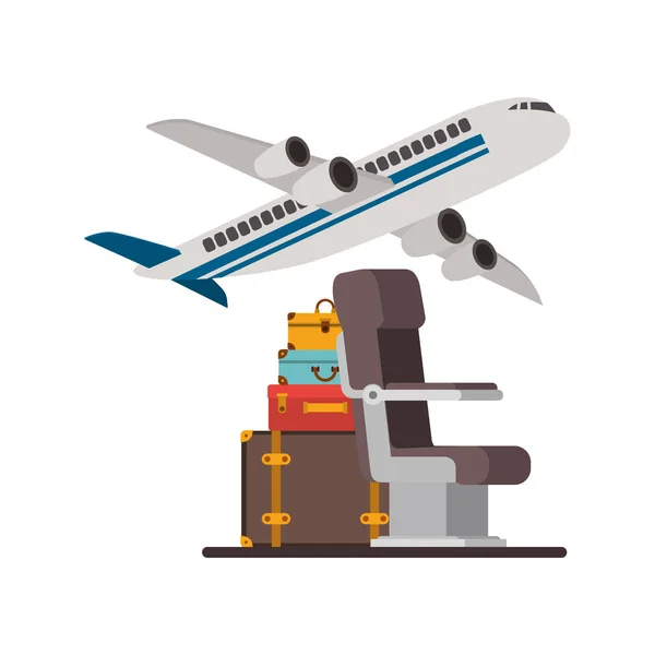 Vliegtuig vliegen met reizen set iconen — Stockvector