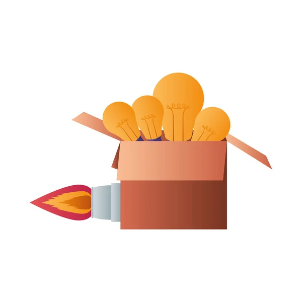 Caja con bombillas y cohetes icono aislado — Vector de stock