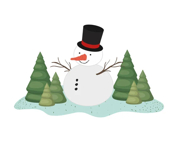 Muñeco de nieve con pinos icono aislado — Vector de stock