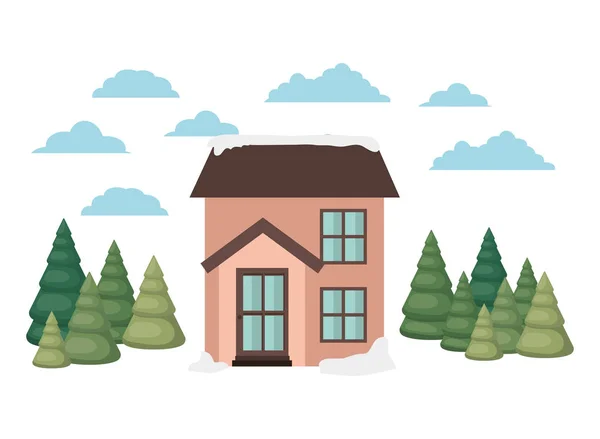 Casa com pinheiros e neve ícone isolado — Vetor de Stock