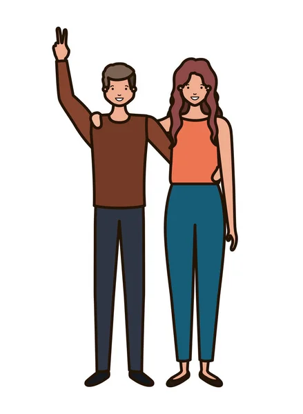Mladý pár s rukama vzhůru avatar znaků — Stockový vektor