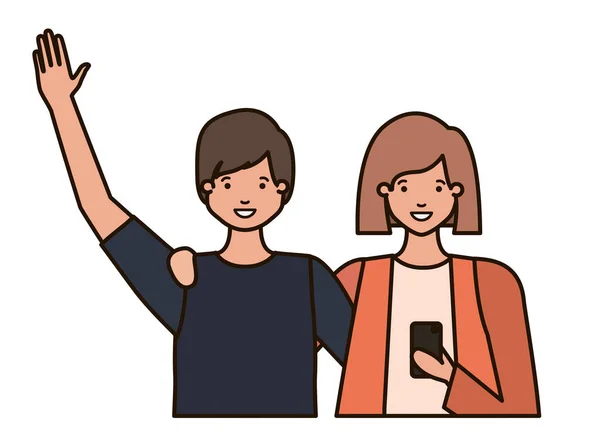 Couple with hands up and smartphone avatar character — Stock Vector