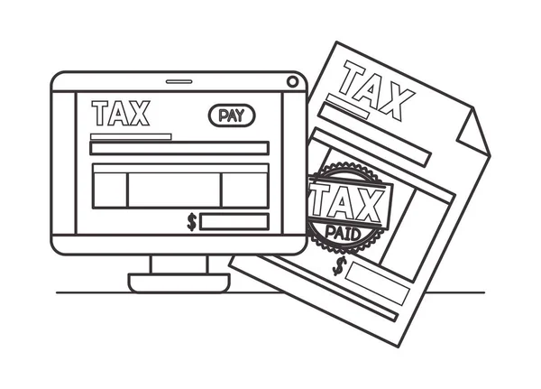 Ordinateur avec taxe en ligne et documents — Image vectorielle