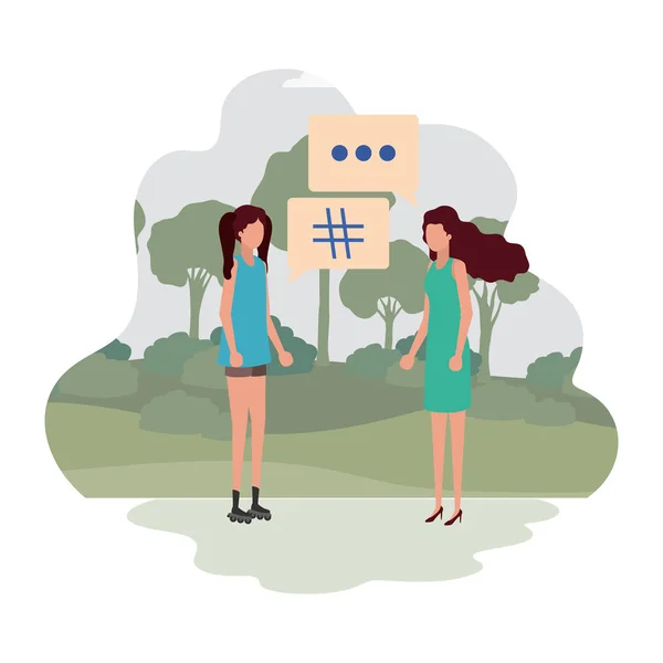 Femmes dans le paysage avec bulle vocale avatar caractère — Image vectorielle