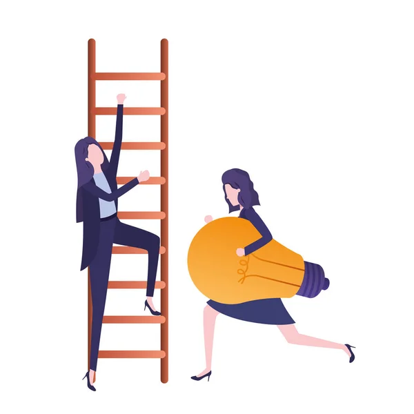 Mulheres de negócios com escada e personagem avatar lâmpada — Vetor de Stock