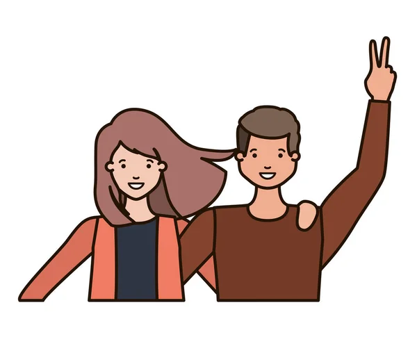 Joven pareja con manos arriba avatar carácter — Archivo Imágenes Vectoriales