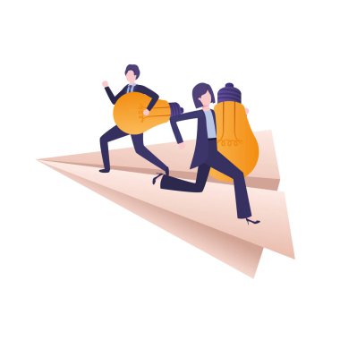 Kağıt düzlem ve ampuller üzerinde iş çift