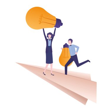 Kağıt düzlem ve ampuller üzerinde iş çift