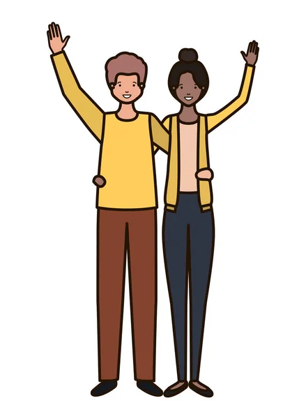 Jeune couple avec les mains vers le haut avatar personnage — Image vectorielle