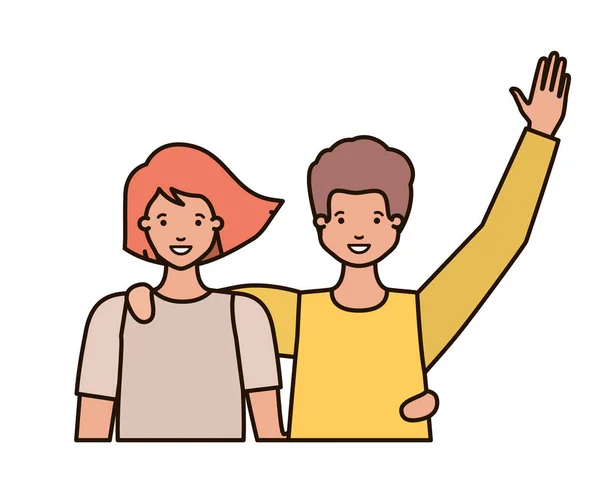 Young couple with hands up avatar character — Stock Vector