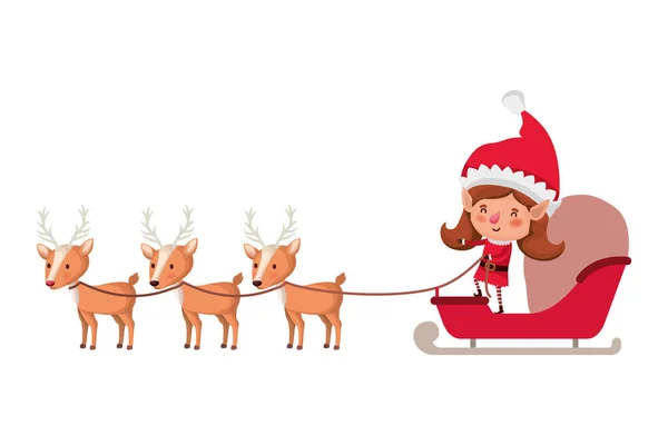 Elves woman with sleigh and reindeer sleigh avatar chatacter — Stock Vector