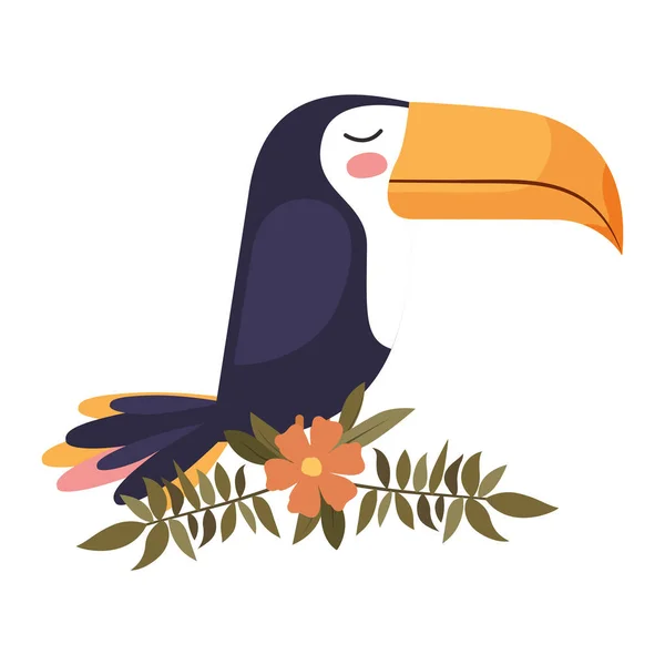 Toucan mignon avec des feuilles et des fleurs couronne — Image vectorielle