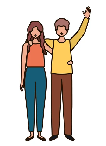 Young couple with hands up avatar character — Stock Vector