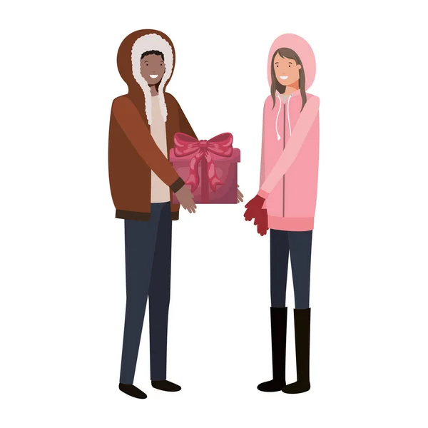 Hediye kutusu avatar karakteri ile genç çift — Stok Vektör