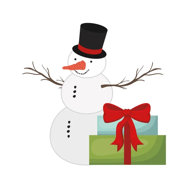 Geschenkdozen en Snow Man geïsoleerde icoon — Stockvector